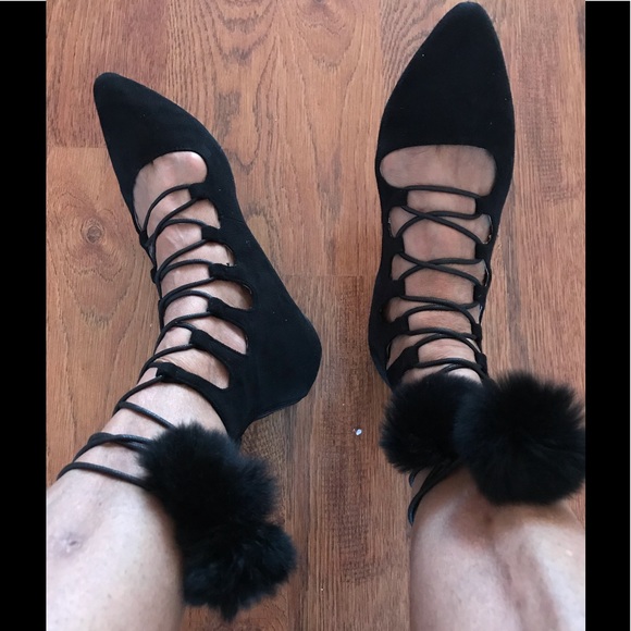 Forever 21 Shoes Black Shoes Laced Up With Pom Poms Poshmark